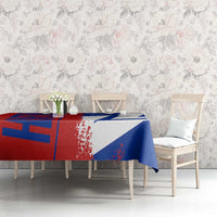 Czech flag and map tablecloth in red, blue, and white on a dining table