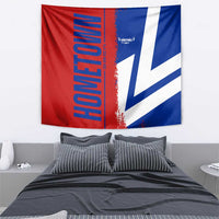 Rectangular tapestry wall hanging flag with red left panel and blue right panel, white geometric design