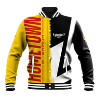 Unisex baseball jacket in yellow and black with red flag stripe graphics and snap buttons