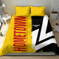 Yellow duvet cover set with red "Germany" text, black-white flag print, and two pillows