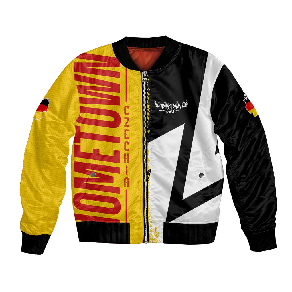 Unisex bomber jacket in black with yellow red flag graphic and central zip front