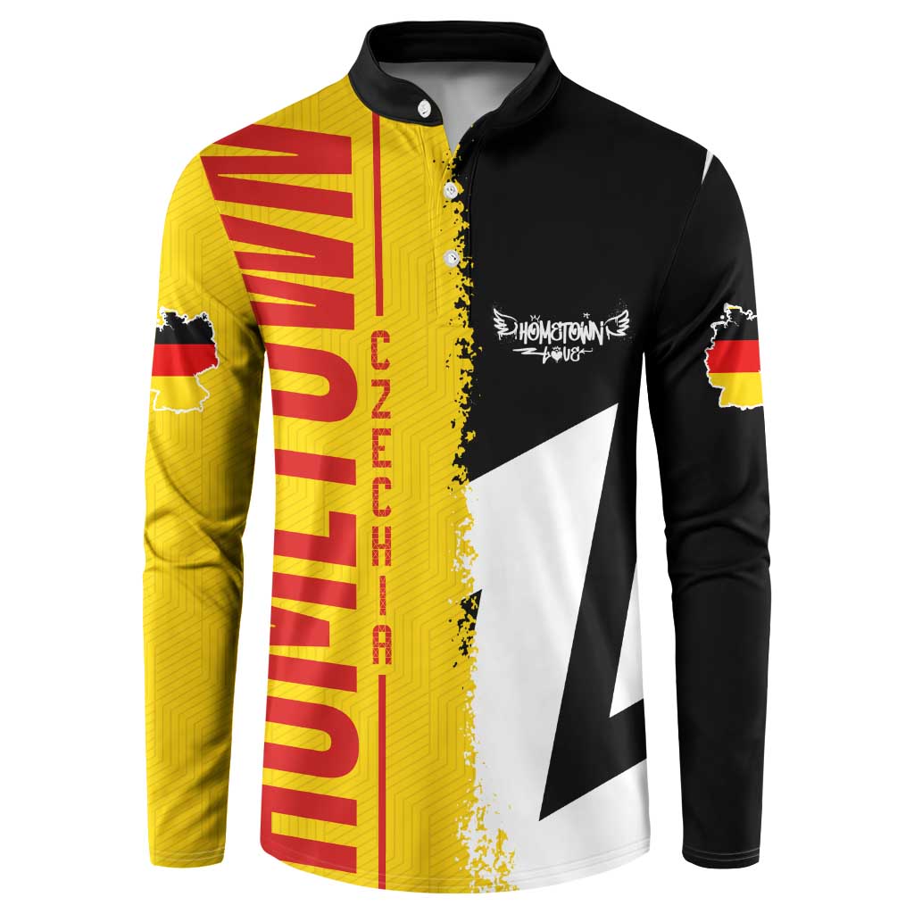 Black button-front sweatshirt with yellow-red flag panel and white star graphic