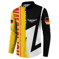 Black button-front sweatshirt with yellow-red vertical flag print and white star