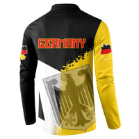 Black and yellow button-front sweatshirt with Germany text and flag map graphic