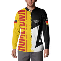 Black button-front sweatshirt with yellow-red flag stripe, map print, and white star