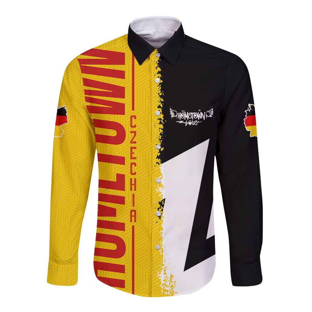 Black long sleeve button shirt with Germany flag and map graphic, front view
