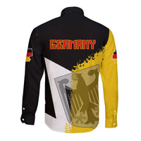 Black long sleeve button shirt with Germany text and map/eagle graphic, back view