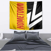 Rectangular wall hanging tapestry flag in yellow, black, and white with red vertical text