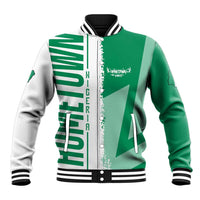 Green and white unisex baseball jacket with front zip and Nigeria flag/map graphic