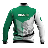 Green and white baseball jacket back with NIGERIA text and map/flag graphic