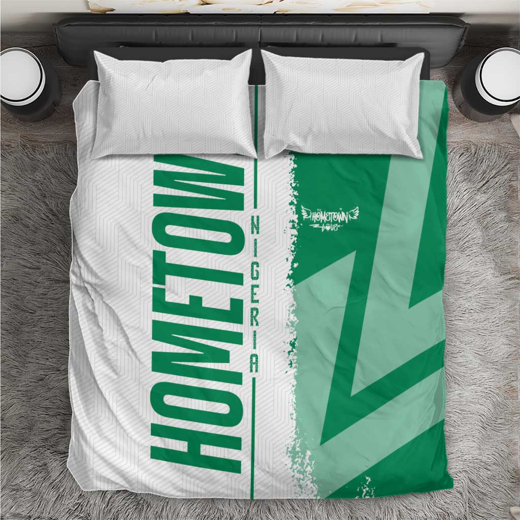 Green Nigeria flag bedding set with large vertical “NIGERIA” text and map graphic panels