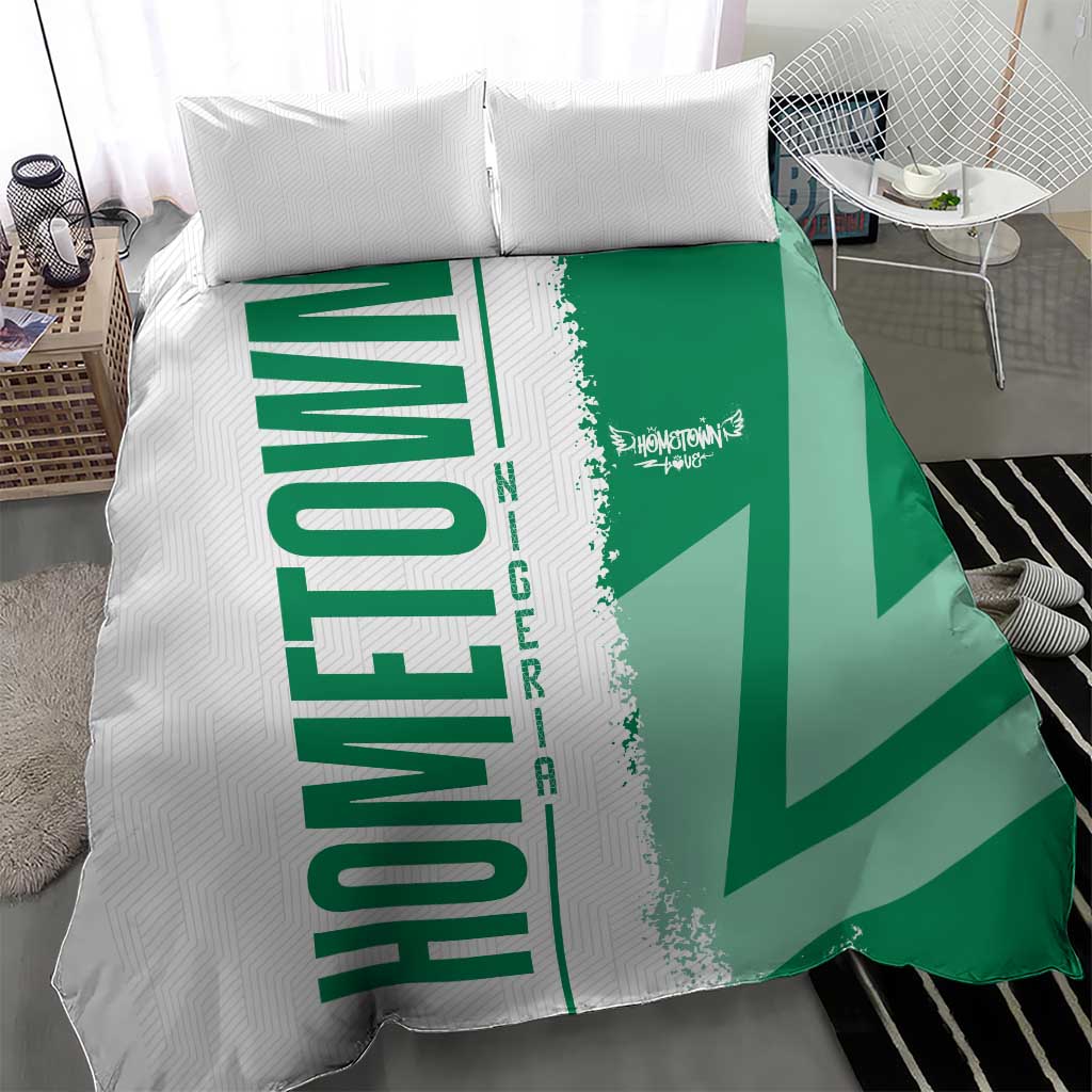 Green Nigeria flag duvet cover with “NIGERIA” vertical text, map panel, and two pillows