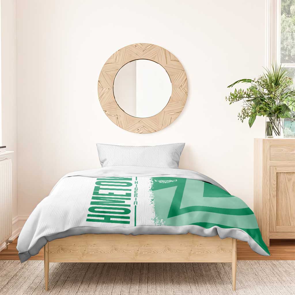 Green Nigeria flag bedding set with “NIGERIA” text panel and map design on duvet and pillow