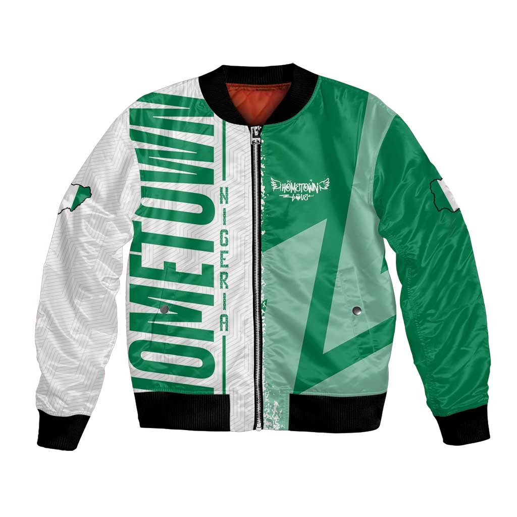 Green and white unisex bomber jacket with Nigeria flag and map print, full-zip front