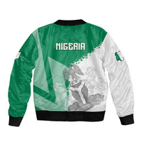 Green and white bomber jacket back with NIGERIA text and map/animal graphic, ribbed hem