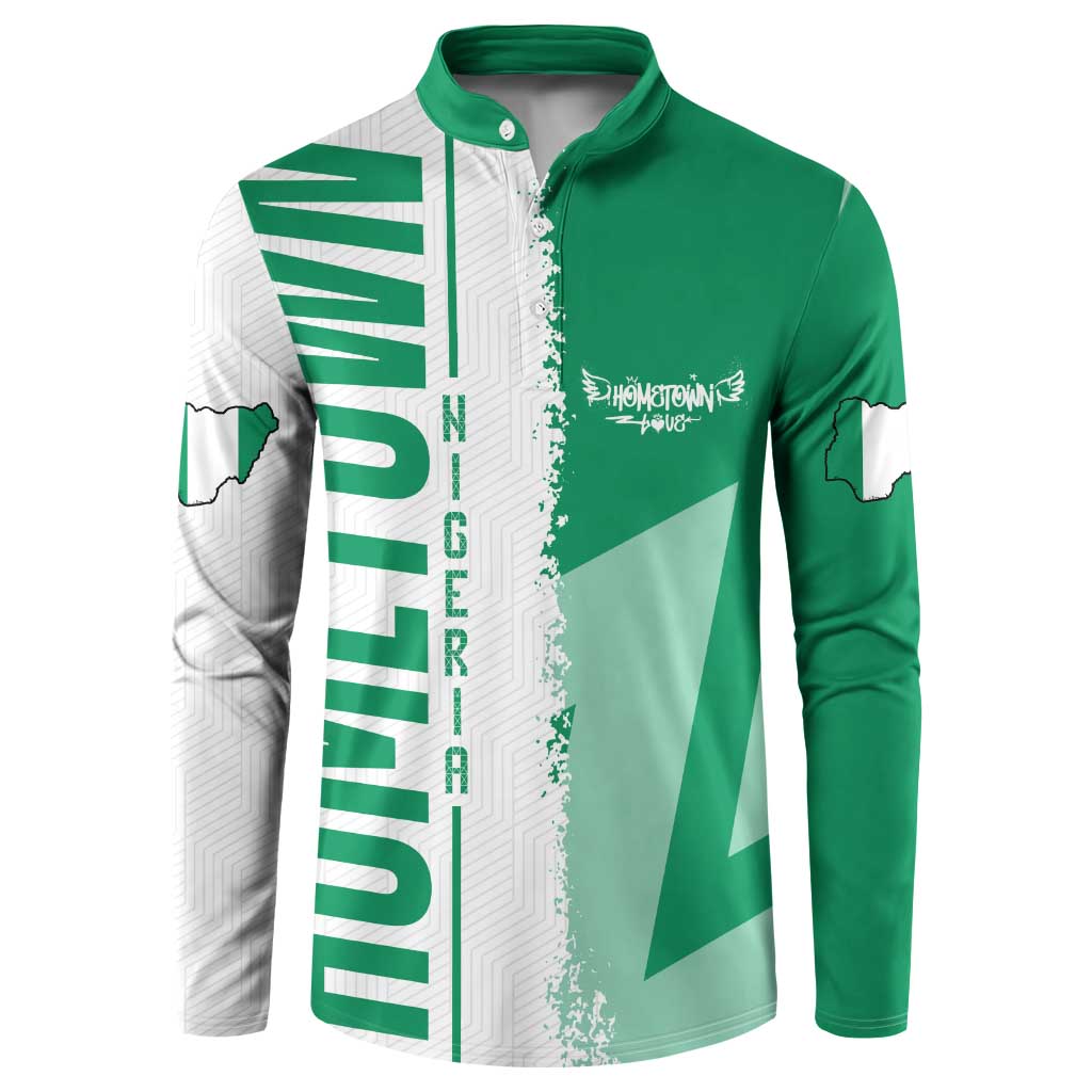 Green button-front sweatshirt with Nigeria flag and map graphic at chest