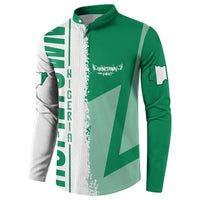 Green button-front sweatshirt, three-quarter view, Nigeria map and flag graphics