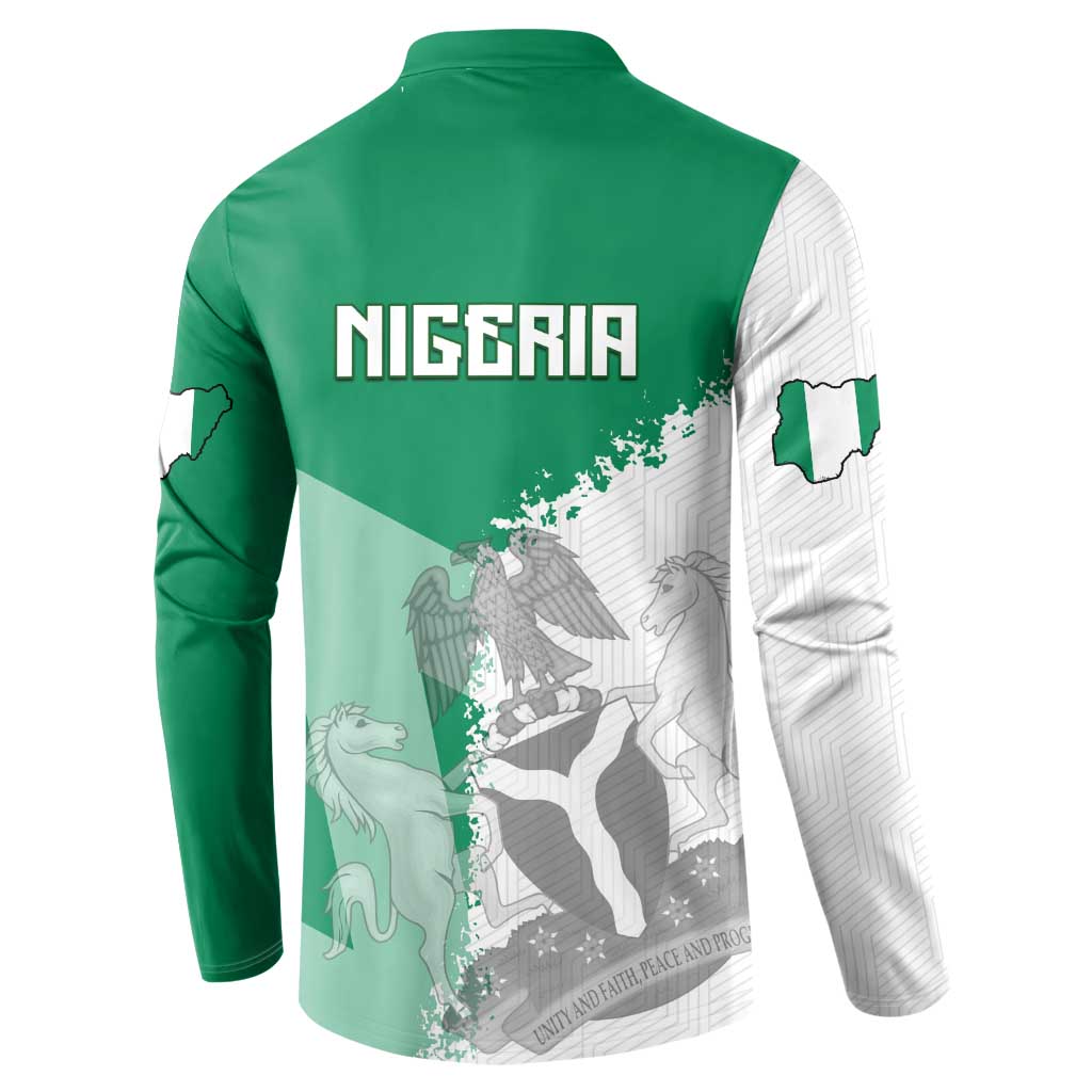 Green and white button-back sweatshirt with large NIGERIA text and map illustration