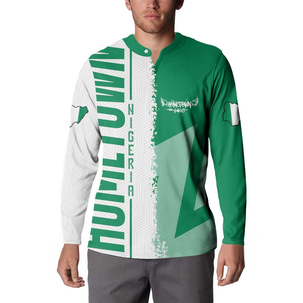 Green button-front sweatshirt with diagonal Nigeria flag stripes and chest crest