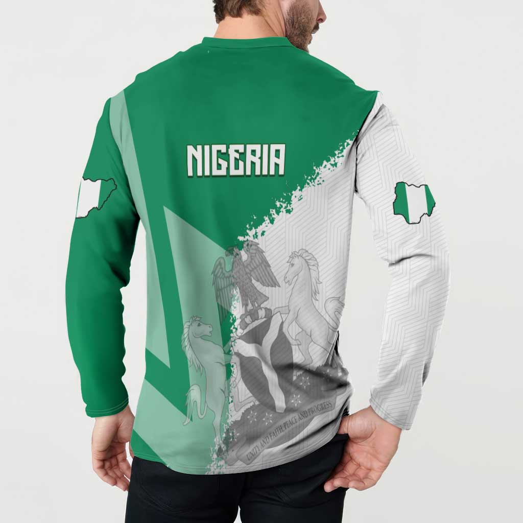 Green and white button-back sweatshirt with NIGERIA text and detailed world map graphic