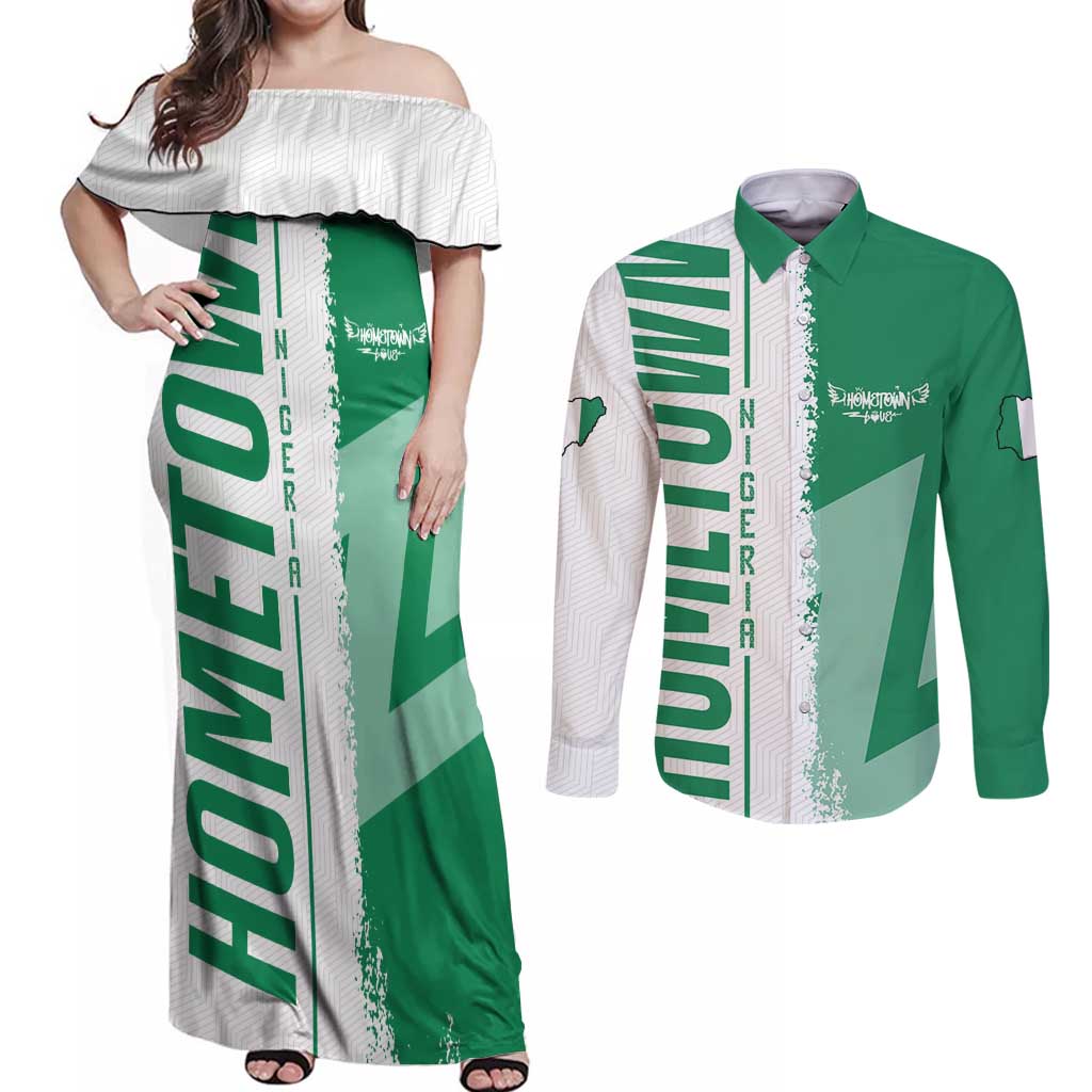 Hometown Nigeria Couples Matching Off Shoulder Maxi Dress and Long Sleeve Button Shirt Flag and Map - Wonder Print Shop