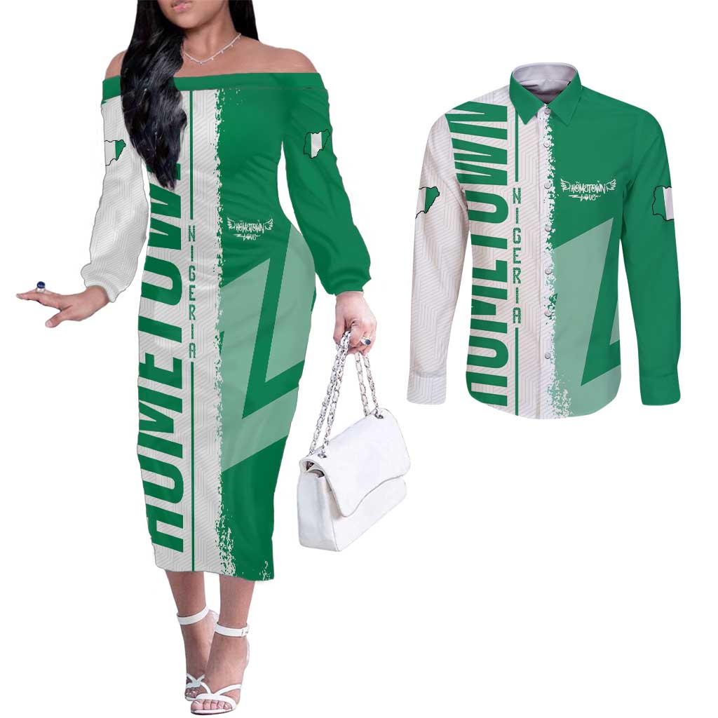 Hometown Nigeria Couples Matching Off The Shoulder Long Sleeve Dress and Long Sleeve Button Shirt Flag and Map