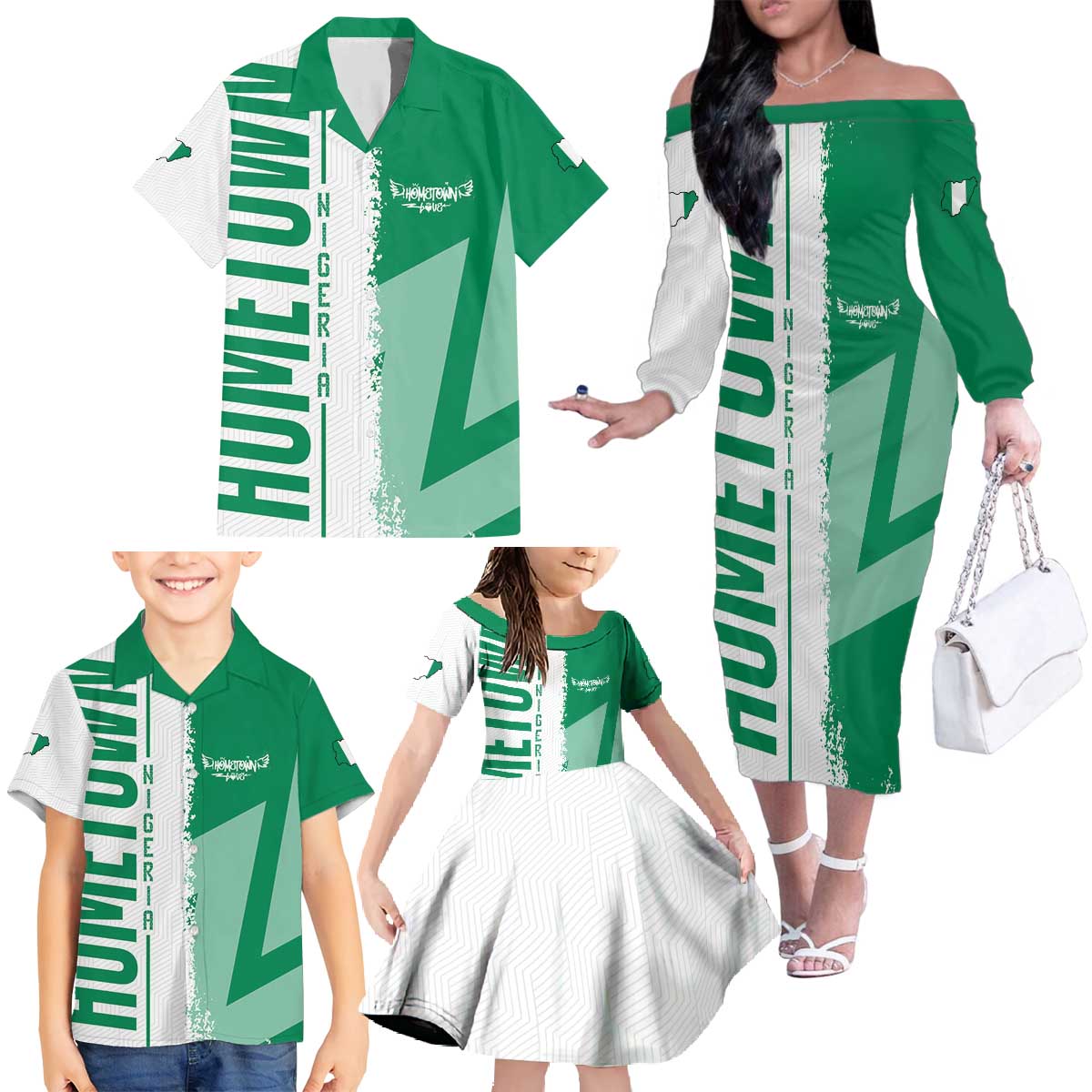 Hometown Nigeria Family Matching Off The Shoulder Long Sleeve Dress and Hawaiian Shirt Flag and Map - Wonder Print Shop