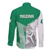 Green long-sleeve button shirt with Nigeria text and map back print