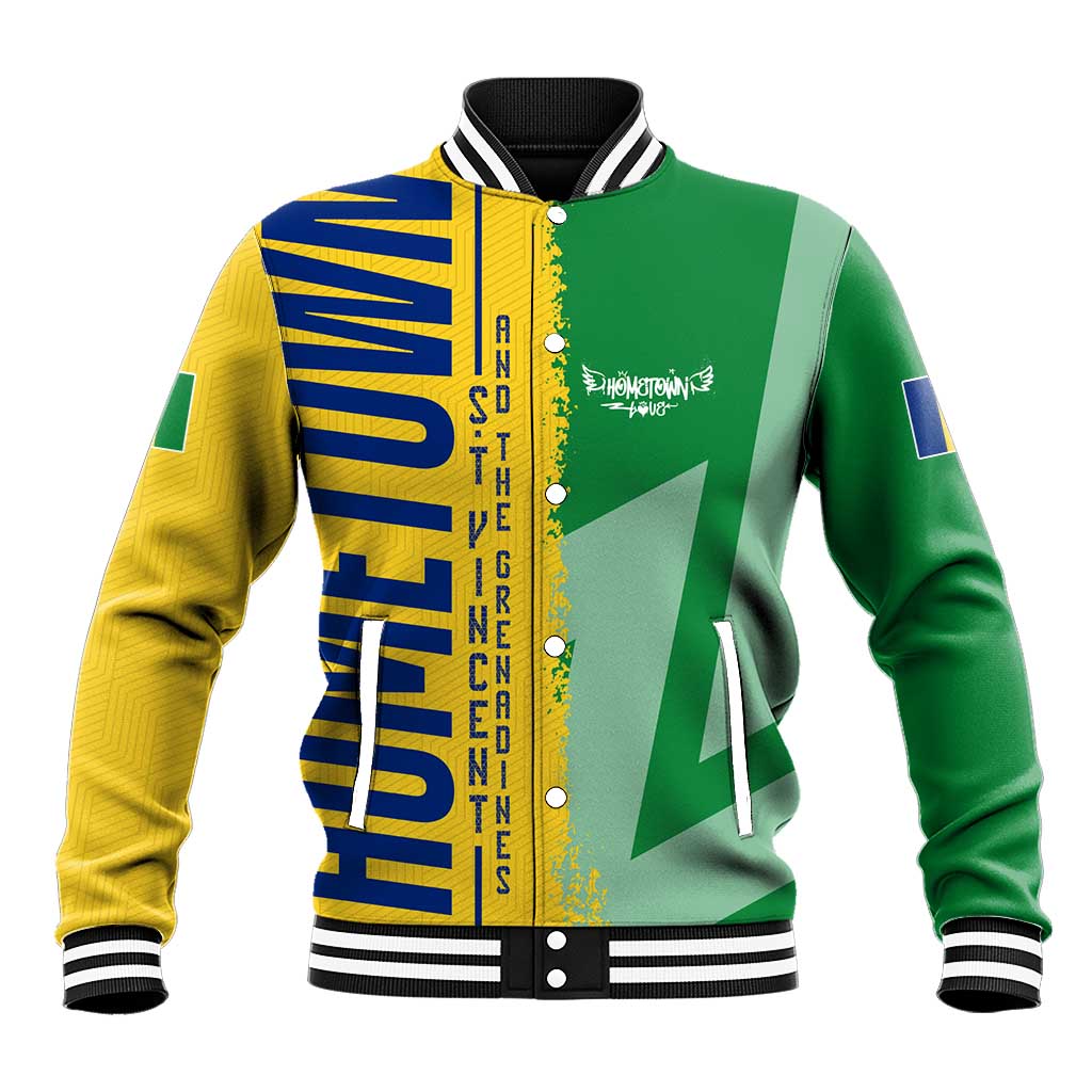 Unisex baseball jacket with green, yellow, and blue flag-and-map graphic, varsity snap front