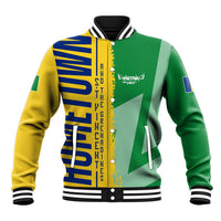 Unisex baseball jacket with green, yellow, and blue flag-and-map graphic, varsity snap front