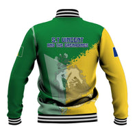 Unisex back baseball jacket with green and yellow panels and map/crest print, striped rib cuffs