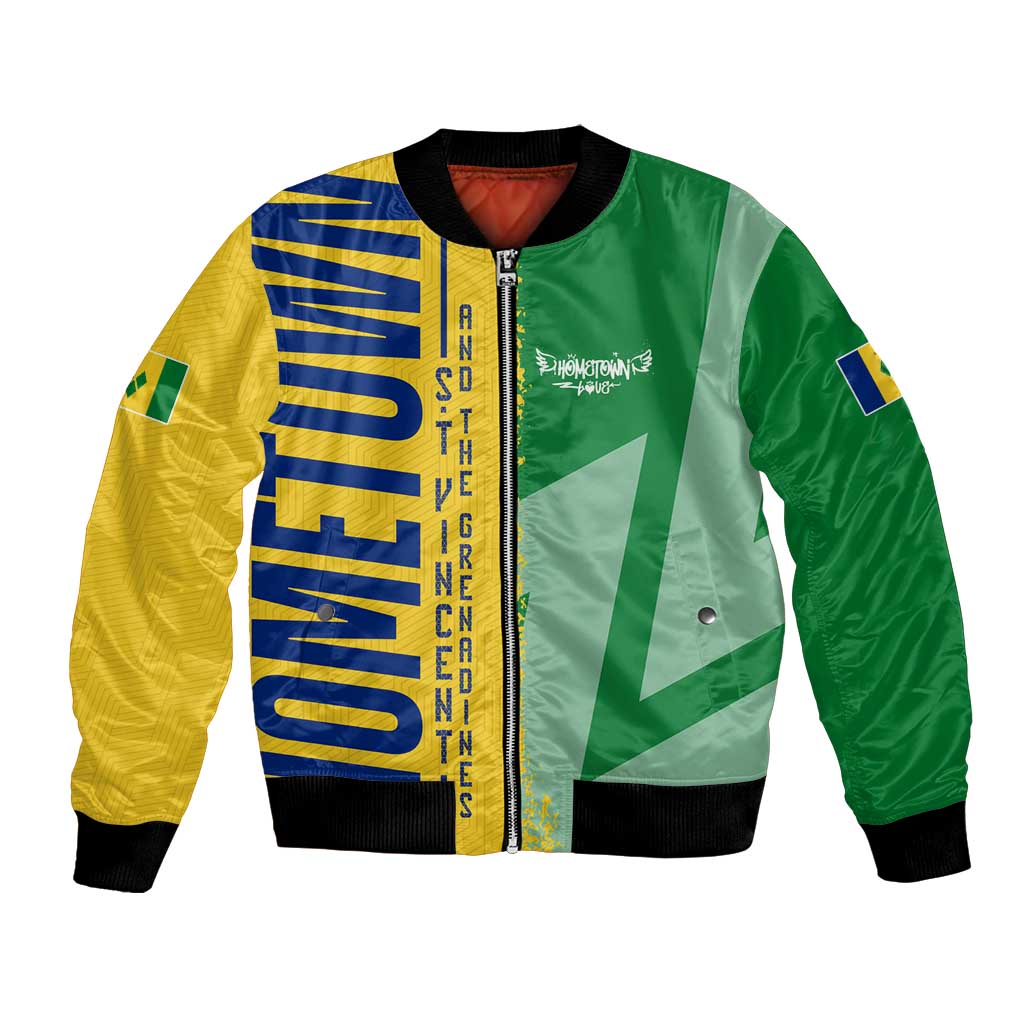 Unisex bomber jacket with green and yellow panels, front zip, black rib trim