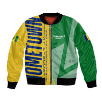 Unisex bomber jacket with green and yellow panels, front zip, black rib trim