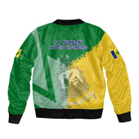 Unisex bomber jacket with green back, yellow side panel, printed map crest, black rib hem