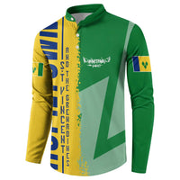 Green button sweatshirt with flag/map graphic panel, long sleeves, button collar