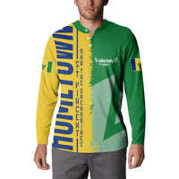 Green button sweatshirt with flag/map graphic panel, long sleeves, button collar