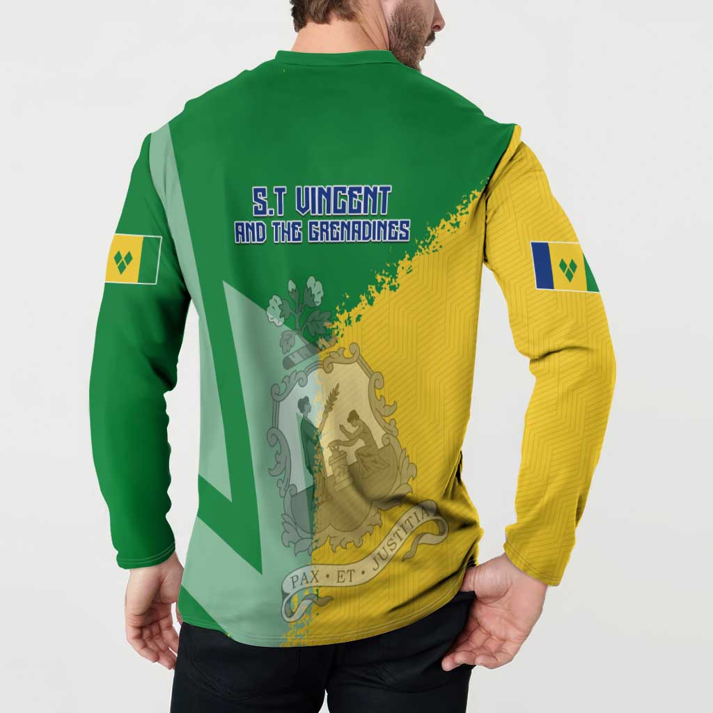 Green button sweatshirt, back text and crest over flag/map print, long sleeves