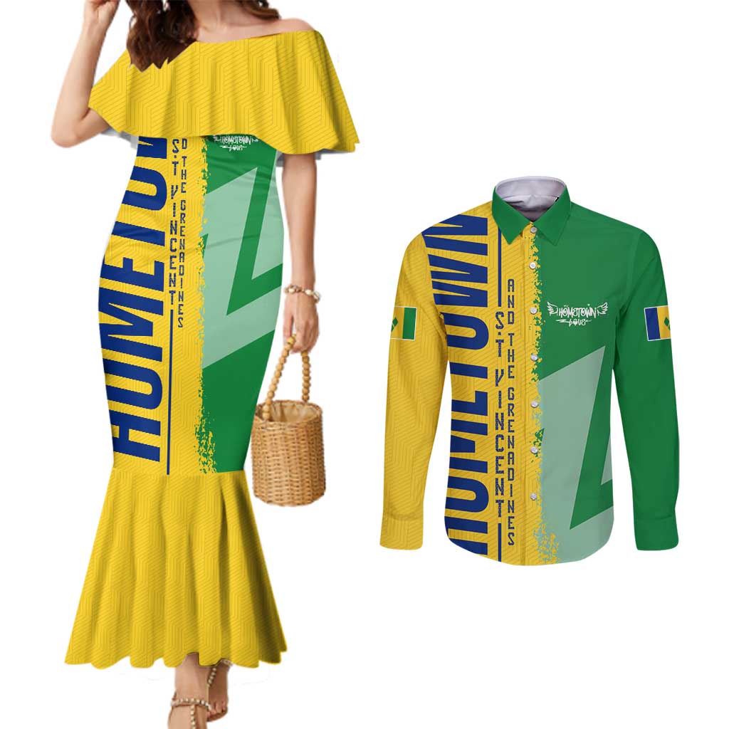 Hometown Saint Vincent and the Grenadines Couples Matching Mermaid Dress and Long Sleeve Button Shirt Flag and Map