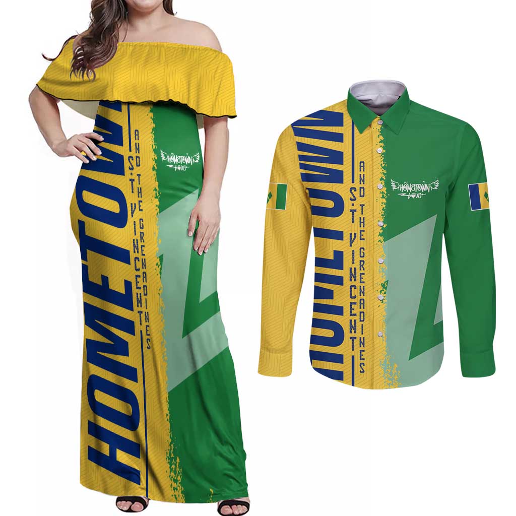 Hometown Saint Vincent and the Grenadines Couples Matching Off Shoulder Maxi Dress and Long Sleeve Button Shirt Flag and Map - Wonder Print Shop