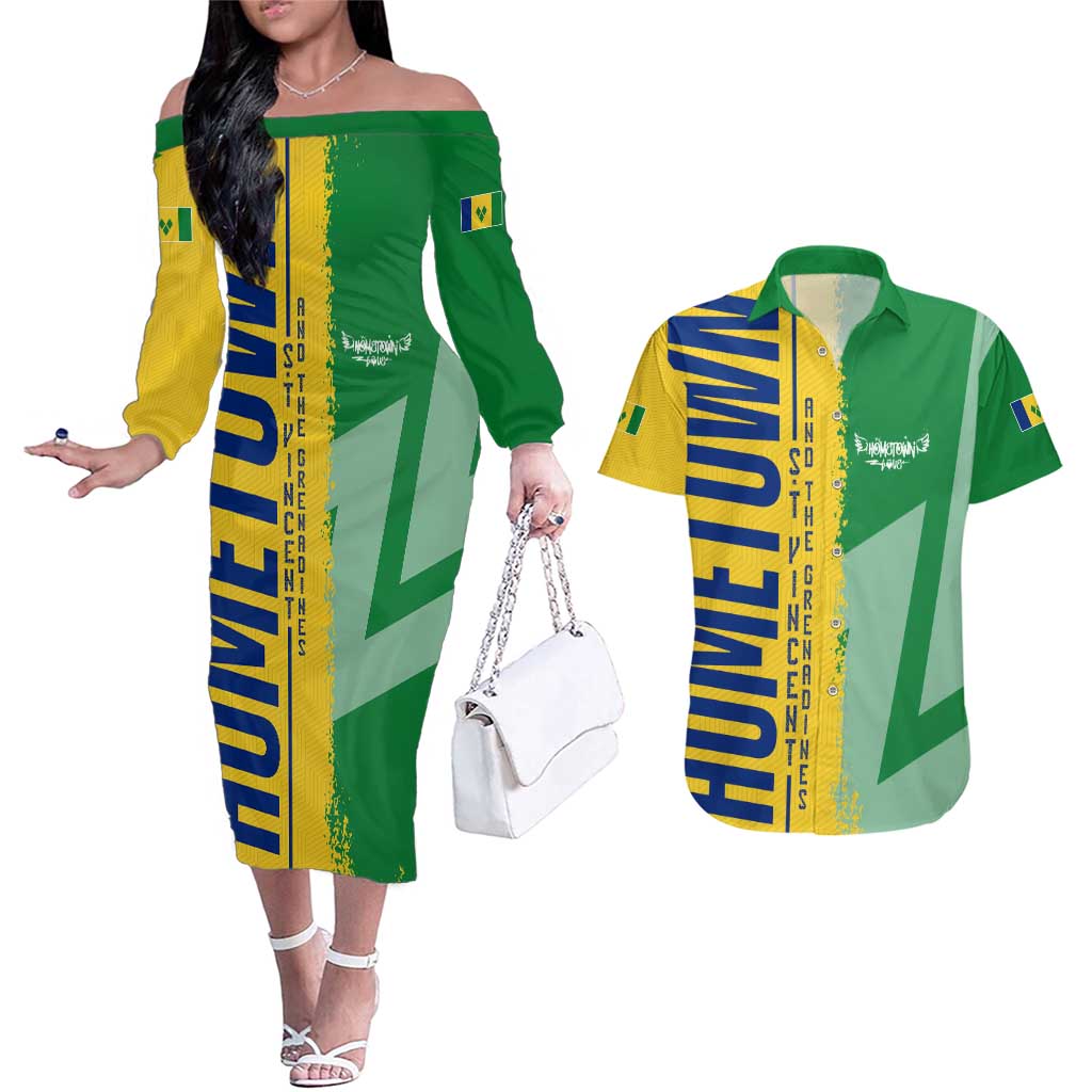 Hometown Saint Vincent and the Grenadines Couples Matching Off The Shoulder Long Sleeve Dress and Hawaiian Shirt Flag and Map - Wonder Print Shop