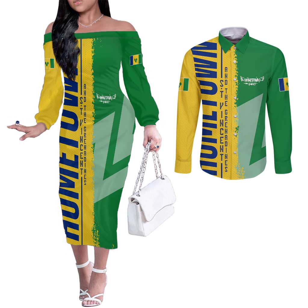 Hometown Saint Vincent and the Grenadines Couples Matching Off The Shoulder Long Sleeve Dress and Long Sleeve Button Shirt Flag and Map