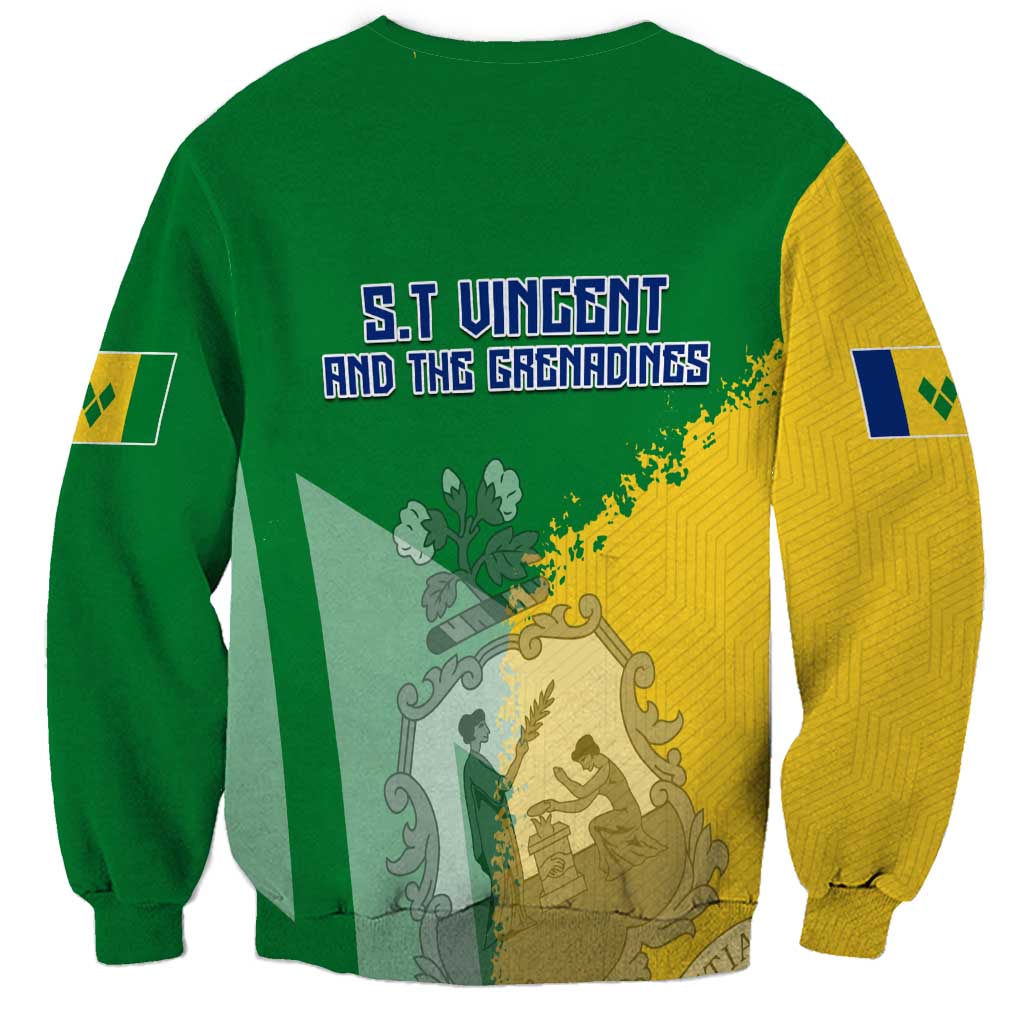 Green crewneck sweatshirt with St. Vincent map graphic and text on back