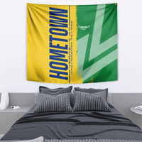 Rectangular wall tapestry flag with green-and-yellow halves, blue vertical lettering and map