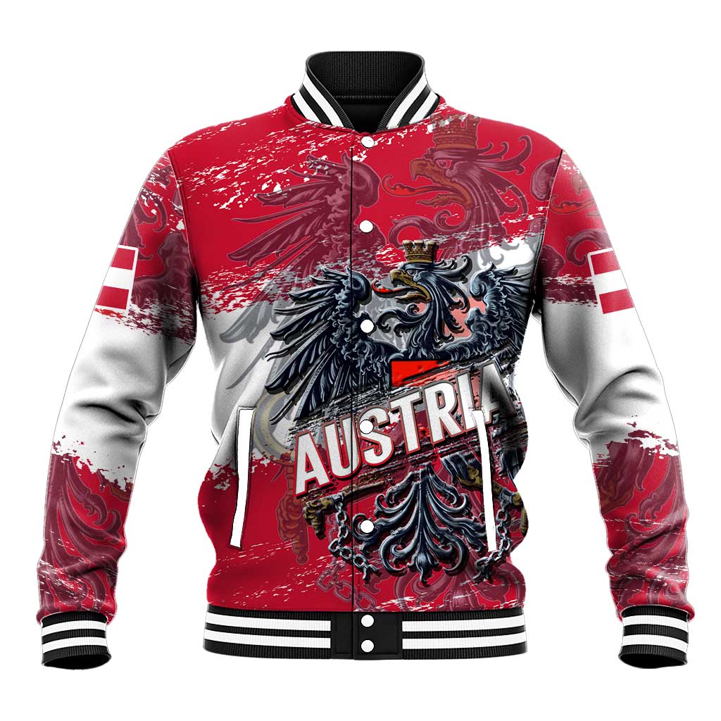 Red and gray baseball jacket with eagle crest, AUS print, striped stand collar and cuffs.