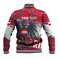 Back view red and gray baseball jacket with eagle crest and YOUR TEXT, striped collar and hem.