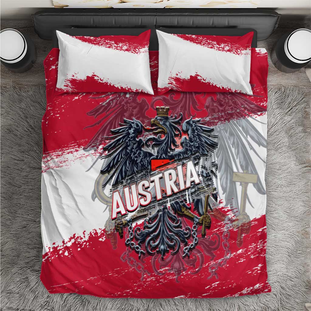 Red and white duvet cover set with Austria eagle crest and matching pillowcases