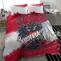 Red and white duvet cover set featuring the Austria eagle crest on the bed