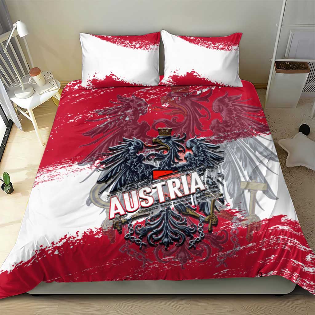 Red and white Austria duvet cover with eagle crest and two matching pillowcases