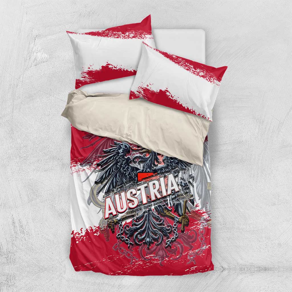 Red and white Austria bedding set with eagle crest graphic and pillowcases