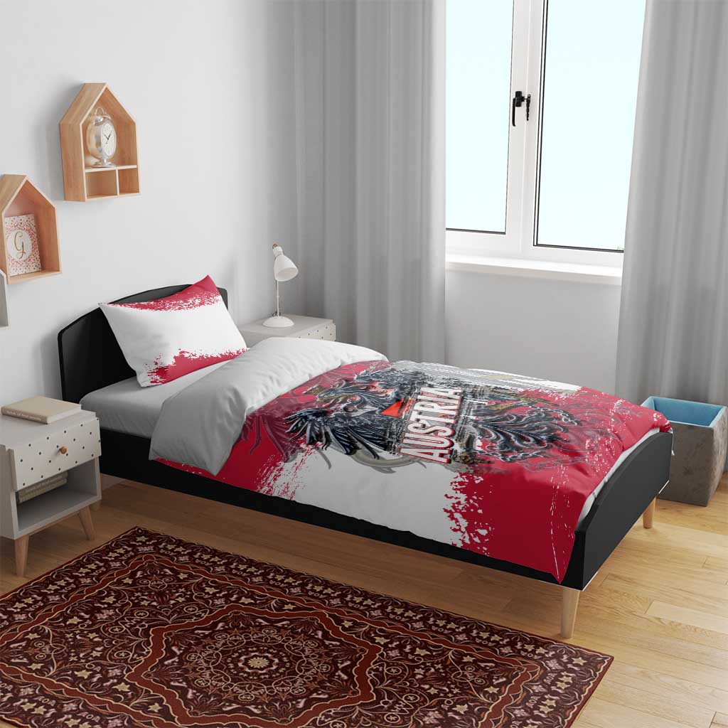 Red and white duvet cover set with Austria eagle crest design and matching pillows